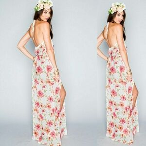 SMYM Pink Poppi Halter V-neck Maxi dress